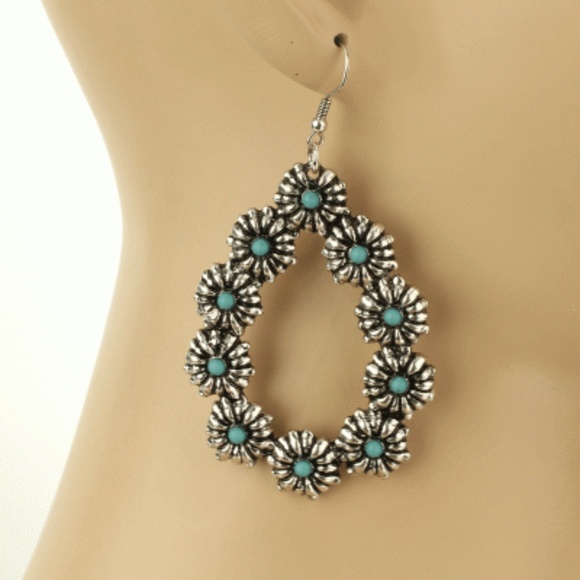 Antique Silver Teardrop Earrings w/Turquoise - Picture 3 of 3